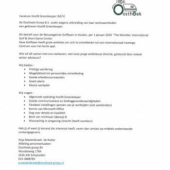 vacature hoofd greenkeeper 2020