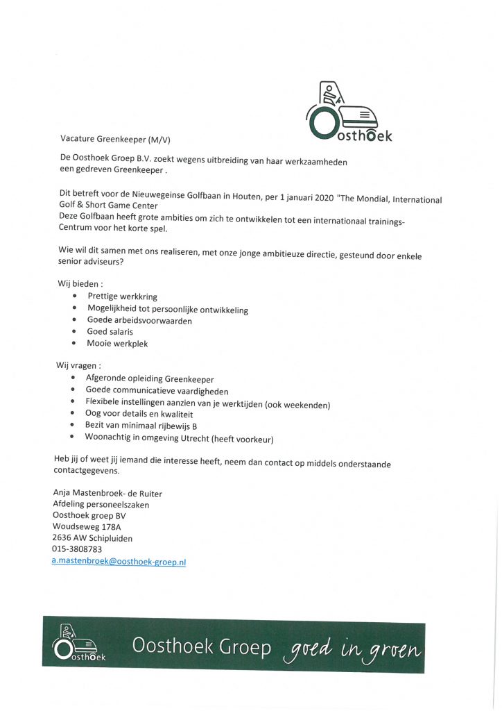 vacature greenkeeper 2020