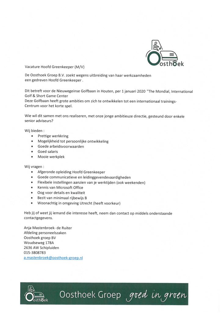 vacature hoofd greenkeeper 2020